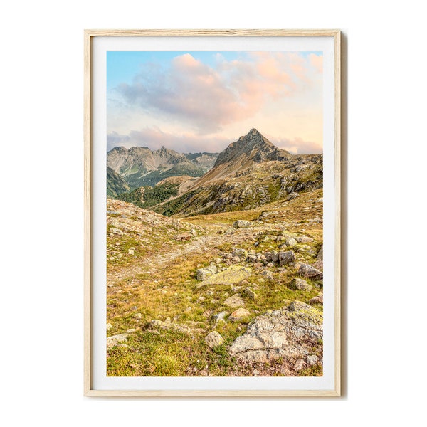 Berninapass Fotodruck, Berglandschaft Fotografie, Piz Paradisin Sonnenuntergang Alpen Landschaft, Wohnzimmer Wandbild Gebirge