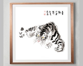 Chinese Tiger Ink Drawing Fine Art Print, Square Format Print, Black White Asia Wall Art