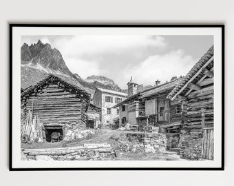 Impression photo Engadin, photographie noir et blanc, images Engadin, village de montagne suisse Grevasalvas, images des Alpes, peinture murale du salon