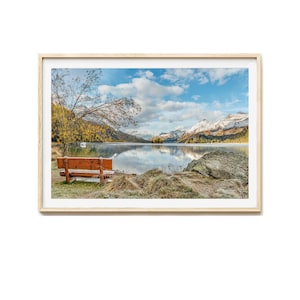 Stampa fotografica dell&#39;Engadina, quadro murale della Svizzera, fotografia di una panchina sul lago di Sils, quadro su tela, stampa artistica delle Alpi, paesaggio autunnale, arredamento per la casa dell&#39;Engadina
