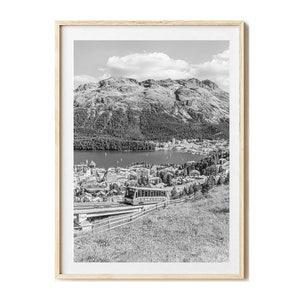 Stampa fotografica Chantarellabahn St. Moritz, immagini dell&#39;Engadina, fotografia in bianco e nero, stampa fotografica in bianco e nero, immagini alpine, quadro da parete del soggiorno