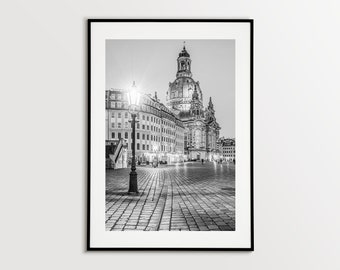 Frauenkirche Dresden Fotodruck, Deutschland Schwarz Weiss Fotografie, Wohnzimmer Wandbild, Dresden Kunstdruck