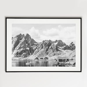Lofoten Norway Photo Print, Village Napp Flakstad Island, Black White Photograph, Living Room Wall Art, Scandinavia Landscape Photo