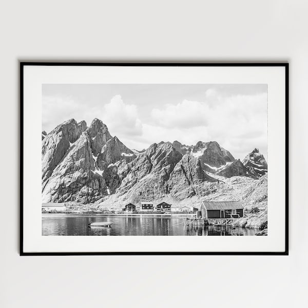 Lofoten Norwegen Fotodruck, Dorf Napp Insel Flakstad Fotografie, Wohnzimmer Wandbild, Schwarz-Weiss Skandinavien Landschaft Foto