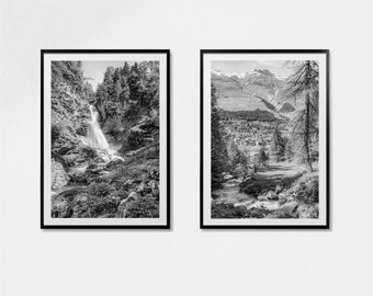 Zuoz Engadin Set of 2 Pictures, Black and White Photography, Switzerland Fine Art Print, Arpiglia Waterfall Art Print, Photography