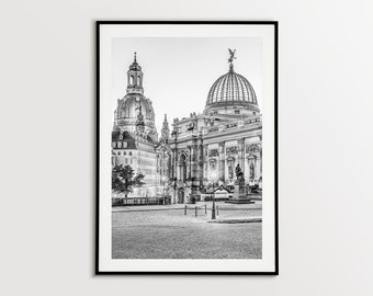 Dresden Fine Art Fotodruck, Frauenkirche und Kunsthalle Kunstdruck, Schwarz Weiss Fotografie, Wohnzimmer Wandbild, Deutschland