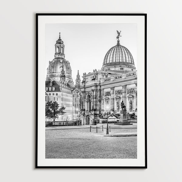 Dresden Fine Art Fotodruck, Frauenkirche und Kunsthalle Kunstdruck, Schwarz Weiss Fotografie, Wohnzimmer Wandbild, Deutschland