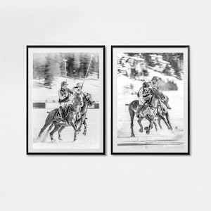 Set of 2 Snow Polo Photo Prints, St Moritz Switzerland, Black White Photography, Living Room Wall Art, Polo Sport Player