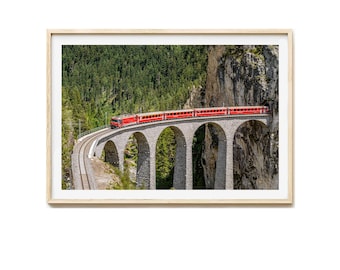 Glacier Express Zug Fotodruck, Schweiz Bilder, Eisenbahn Fotografie, Berglandschaft Kunstdruck, Landwasserviadukt Wandbild, bergbahn