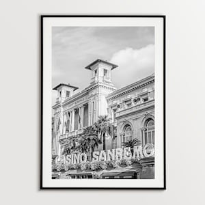 Casino Sanremo Fotodruck, Schwarz Weiss Ligurien Fotografie, Wohnzimmer Wandbild, Ligurien Reisefotografie