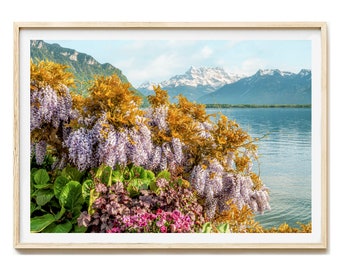 Montreux Fotodruck, Schweiz Genfer See Fotografie, Blumen Kunstdruck, Blumen am Quay de Fleur Fotodruck, Wohnzimmer Wandbild