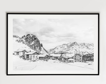 Stampa fotografica del villaggio di montagna dell'Engadina, fotografia del paesaggio invernale della Svizzera in bianco e nero, Heididorf Grevasalvas, murale del soggiorno