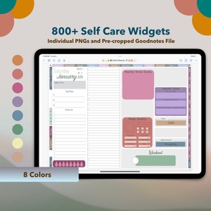May include: A digital planner app screen showing a weekly planner page with a Saturday, January 6th date. The page is divided into sections for today's focus, top three, to-do list, mental brain dump, mental state, sleep quality, feel, calm, make time for, workout, and shopping. The planner has a light gray background with a variety of pastel colors used for the different sections. The planner is designed for self-care and includes widgets for tracking mood, sleep, and other aspects of well-being.