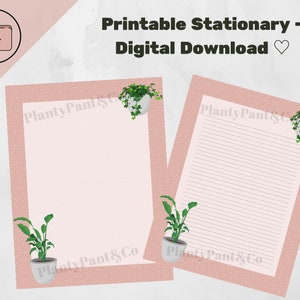 Papelería imprimible de plantas de interior rosa: descarga instantánea para escribir cartas, amigos por correspondencia, escribir un diario, etc.