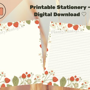 Papelería imprimible de fresas y flores silvestres: descarga instantánea para escribir cartas, amigos por correspondencia, escribir un diario, etc.
