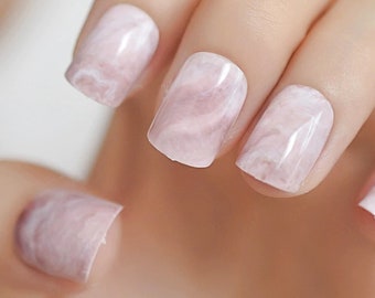 Light Pink Marble Short Square Press On Nails - 24 Pieces + Full Kit with Stickers, Glue, Cuticle Pusher, and Nail File