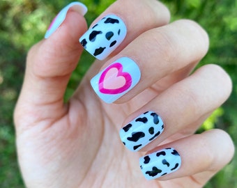 Cow Heart Short Square Press On Nails - 24 Pieces + Full Kit with Stickers, Glue, Cuticle Pusher, and Nail File