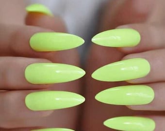 Neon Green Long Stiletto Press On Nails - 24 Pieces + Full Kit with Stickers, Glue, Cuticle Pusher, and Nail File