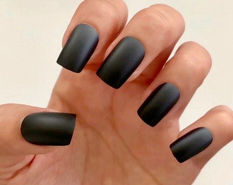 Matte Black Medium Square Press On Nails - 24 Pieces + Full Kit with Stickers, Glue, Cuticle Pusher, and Nail File