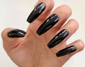 Glossy Black Long Coffin Press On Nails - 24 Pieces + Full Kit with Stickers, Glue, Cuticle Pusher, and Nail File