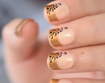 French Gold Leopard Short Square Press On Nails - 24 Pieces + Full Kit with Stickers, Glue, Cuticle Pusher, and Nail File