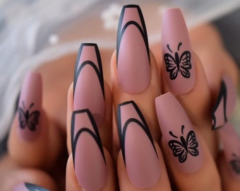 French Mauve Butterfly Long Coffin Press On Nails - 24 Pieces + Full Kit with Stickers, Glue, Cuticle Pusher, and Nail File