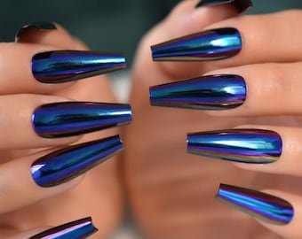 Unique Blue Chameleon Chrome Long Coffin Press On Nails - 24 Pieces + Full Kit with Stickers, Glue, Cuticle Pusher, and Nail File