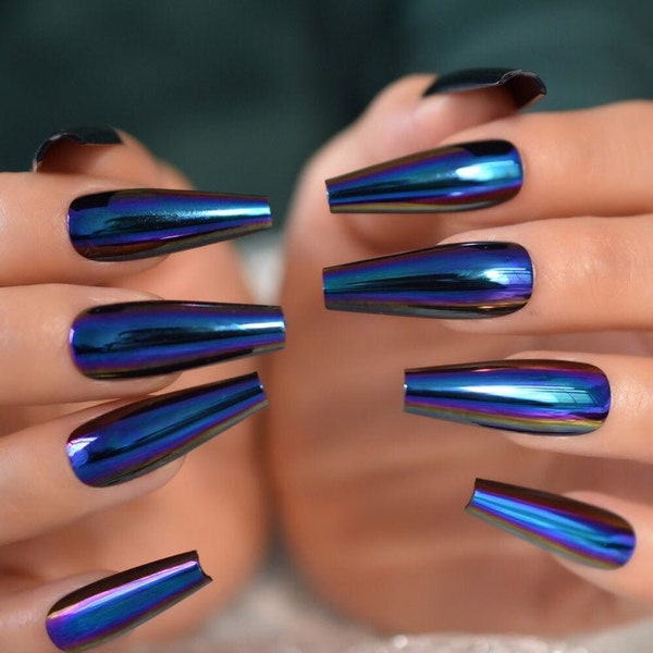 Unique Blue Chameleon Chrome Long Coffin Press On Nails - 24 Pieces + Full Kit with Stickers, Glue, Cuticle Pusher, and Nail File