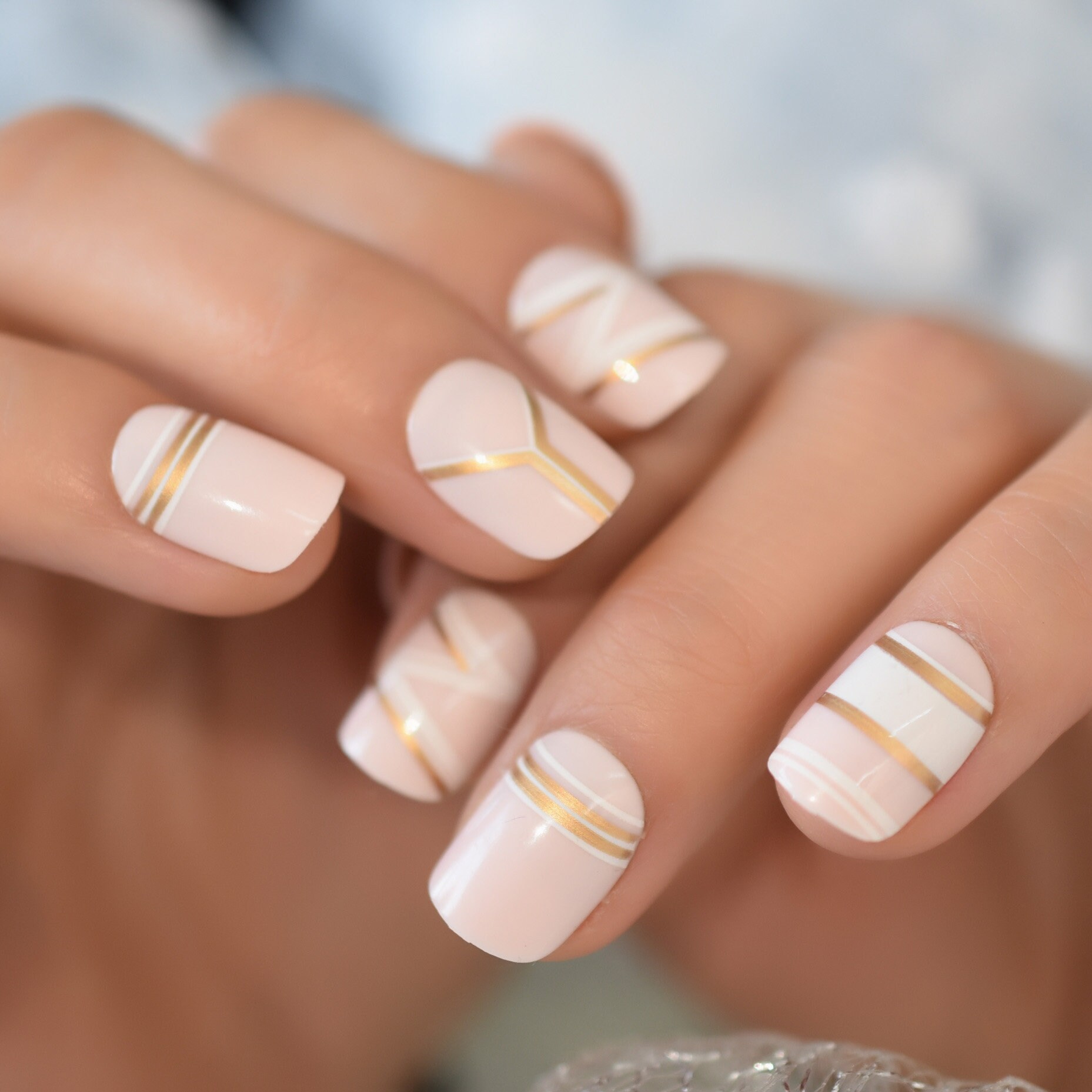 24 Pcs Light Pink Gold Square Press On Nails Press Ons Nails Etsy