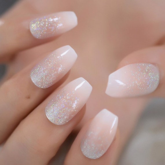 French Ombre Glitter Nails Press On Nails Coffin Medium Etsy Canada