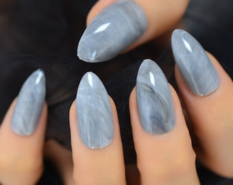 Glossy Gray Marble Medium Almond Press On Nails - 24 Pieces + Full Kit with Stickers, Glue, Cuticle Pusher, and Nail File