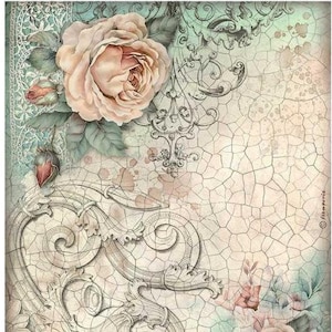 May include: A vintage-inspired digital paper featuring a delicate floral design with roses, ornate scrollwork, and a cracked, textured background in shades of blue, green, and white.