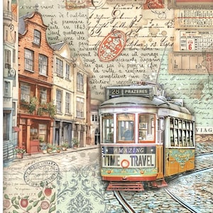 May include: A vintage-style illustration featuring a yellow and red tram with the words "Amazing Time Travel" on the side. The tram is traveling down a cobblestone street lined with old buildings. The background is filled with handwritten notes, stamps, and other vintage ephemera.