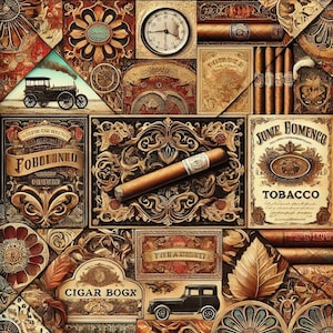 Pode incluir: Uma colagem de estilo vintage com várias imagens relacionadas ao tabaco, incluindo charutos, rótulos de tabaco e designs ornamentados. A colagem apresenta uma variedade de cores, incluindo dourado, marrom e vermelho.