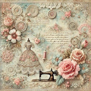 Shabby Chic Sewing Digital Image: Vintage Dress, Roses (PDF & JPEG)