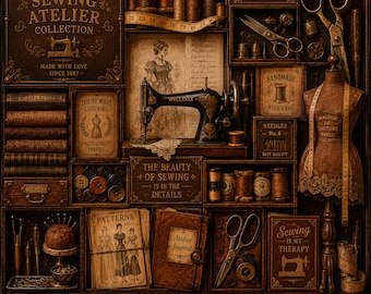 Vintage Sewing Atelier. Decoupage Digital Picture. PDF and JPG