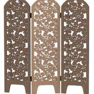 May include: A three-panel room divider made of wood with a cutout design of brown hibiscus flowers. The divider is free-standing and has a natural wood finish.