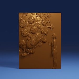 May include: A 3D relief sculpture of a person standing in front of a large, abstract, brown, textured, organic shape. The shape resembles a virus or bacteria.