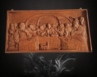 May include: A wooden wall art carving depicting the Last Supper, featuring Jesus and his disciples gathered around a table. The carving is detailed and realistic, with intricate details in the figures' clothing and the table setting.