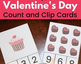 Valentine's Day Count Clip Cards, Montessori Math printable, homeschooling, Valentine Counting Clip Cards, Kindergarten math, preschool math