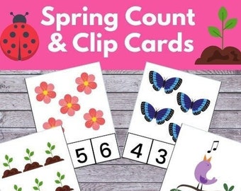 Spring Count Clip Cards, Montessori Math afdrukbaar, homeschooling, Spring Counting Clip Cards, Kleuterschool wiskunde, Spring preschool wiskunde