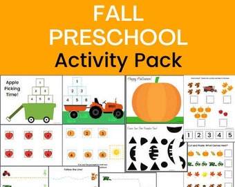 May include: A printable pack of fall-themed preschool activities. The pack includes activities such as counting, matching, and following lines. The activities feature images of pumpkins, apples, tractors, and other fall-related items.
