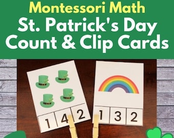 St. Patrick's Day Count Clip Cards, Montessori Math printable, homeschooling, Counting Clip Cards, Kindergarten math, St Pat preschool math