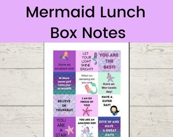 Mermaid Lunch Box Notes - 12 Mermaid Lunchbox notes for kids, Mermaid printable lunch box notes