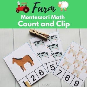 Farm Count Clip Cards, Montessori Math printable, homeschooling, Counting Clip Cards, Kindergarten math, preschool math, counting activity