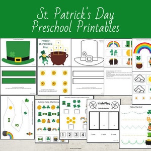 May include: A set of printable St. Patrick's Day activities for preschoolers. The activities include a color by number Irish flag, a cut and paste activity, a follow the line activity, and a number matching activity.