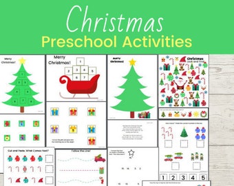 May include: A set of printable Christmas-themed preschool activities. The activities include counting, matching, cutting and pasting, following lines, and a find the picture game. The activities are designed for children ages 3-5.