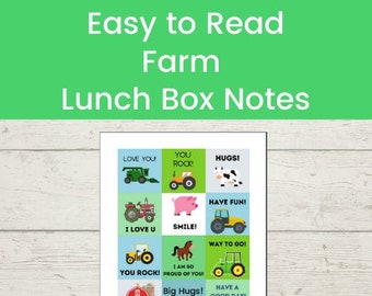 Easy to Read Farm Lunch Box Notes - 12 Farm Lunchbox notes for kids, easy to read printable lunch box notes