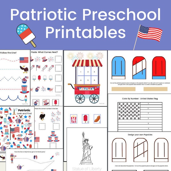 Patriotic Preschool Activities, Patriotic Preschool Worksheets, 4th of July Activity Pack For Preschoolers, 3 year old learning activities