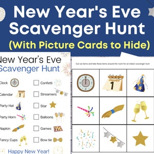 New Years Scavenger Hunt with Cards to Hide, NYE Scavenger Hunt, Printable for Kids, Instant Download, New Years Eve Game for Kids image 1
